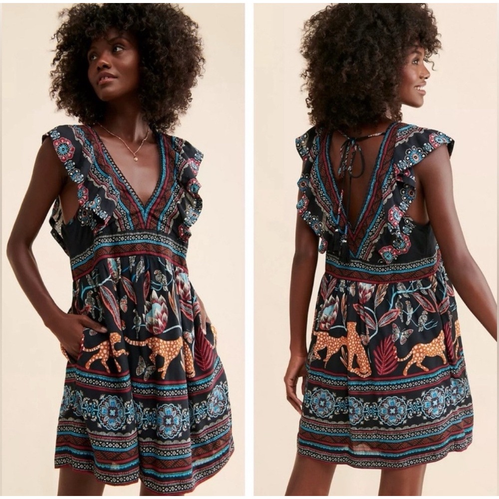 Anthropologie V-Neck Plunge Tunic Mini Dress Black Motif Jungle Size Xs